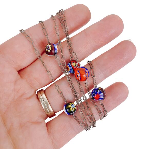 VTG 1950s 60s Millefiori Glass Bead Necklace Long Opera Silver Tone 54" Colorful - Picture 4 of 14